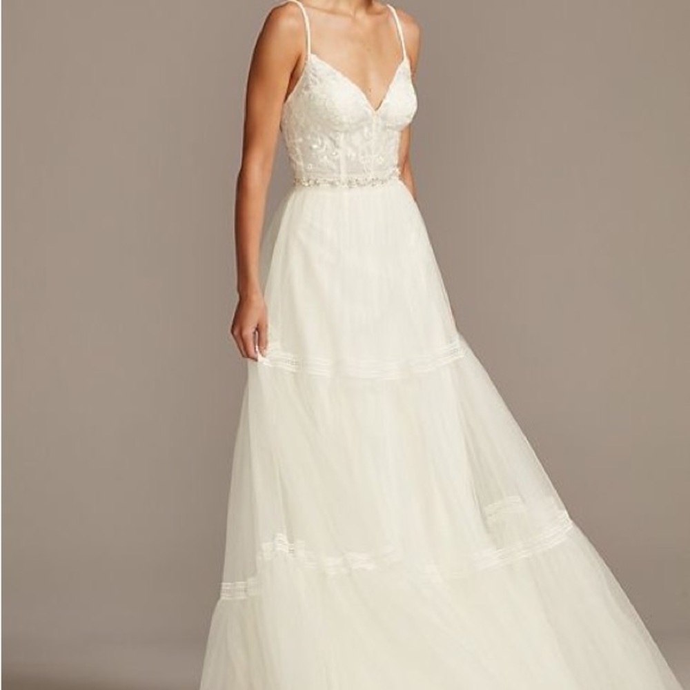 Melissa Sweet corset bodice tiered chiffon a-line wedding dress.